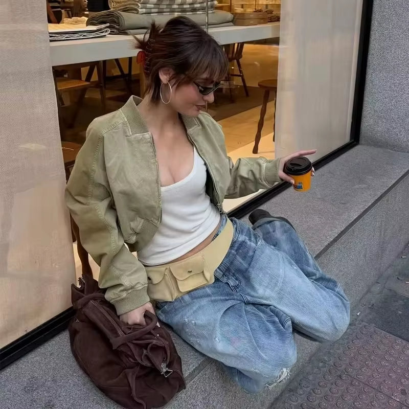 Varsity Bomber Jackets for Women Zipper Cropped Jacket Woman Outerwears Casual Womens Coats Long Sleeve Women'S Jackets