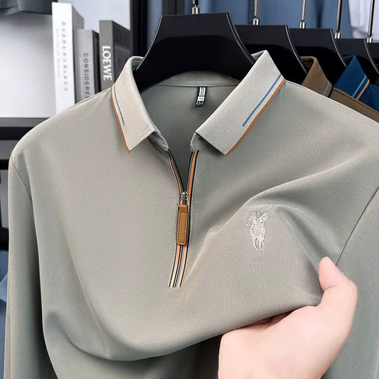 Men'S Cotton Long Sleeved T-Shirt with Collar Polo Shirt High-End Embroidered Top Autumn Loose Base Shirt