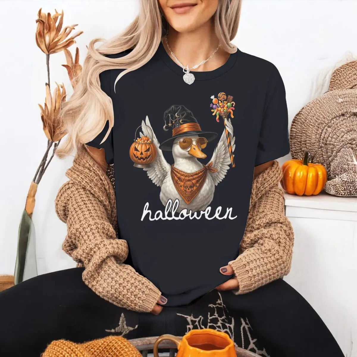 Halloween Shirts for Women Men Vintage Raccoon and Goose T-Shirt Cute Spooky Season Short Sleeve Tee Tops