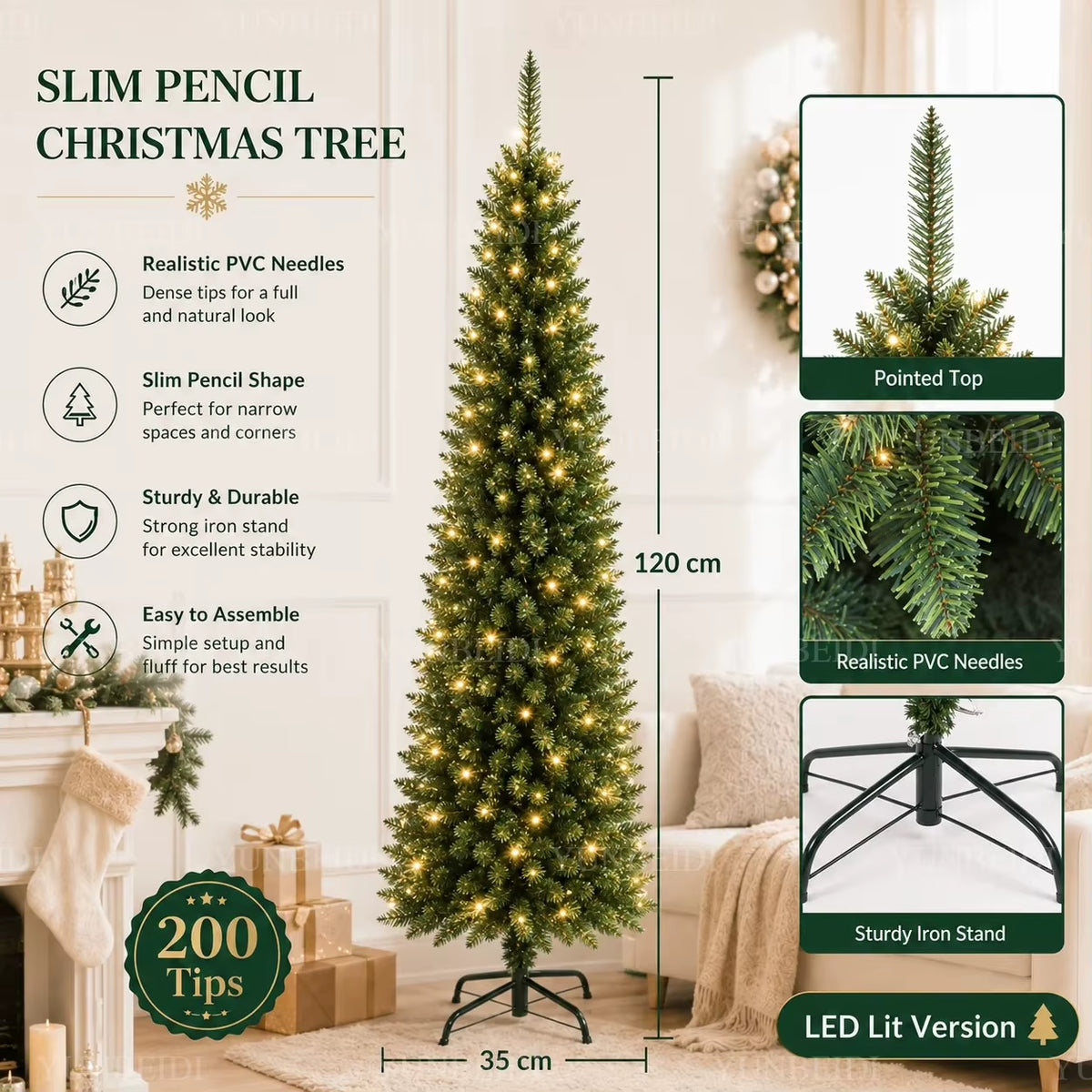 Pencil Artificial Christmas Tree PVC Material Encryption Christmas Tree 120CM to 210CM Family Christmas Party Arrange Decoration