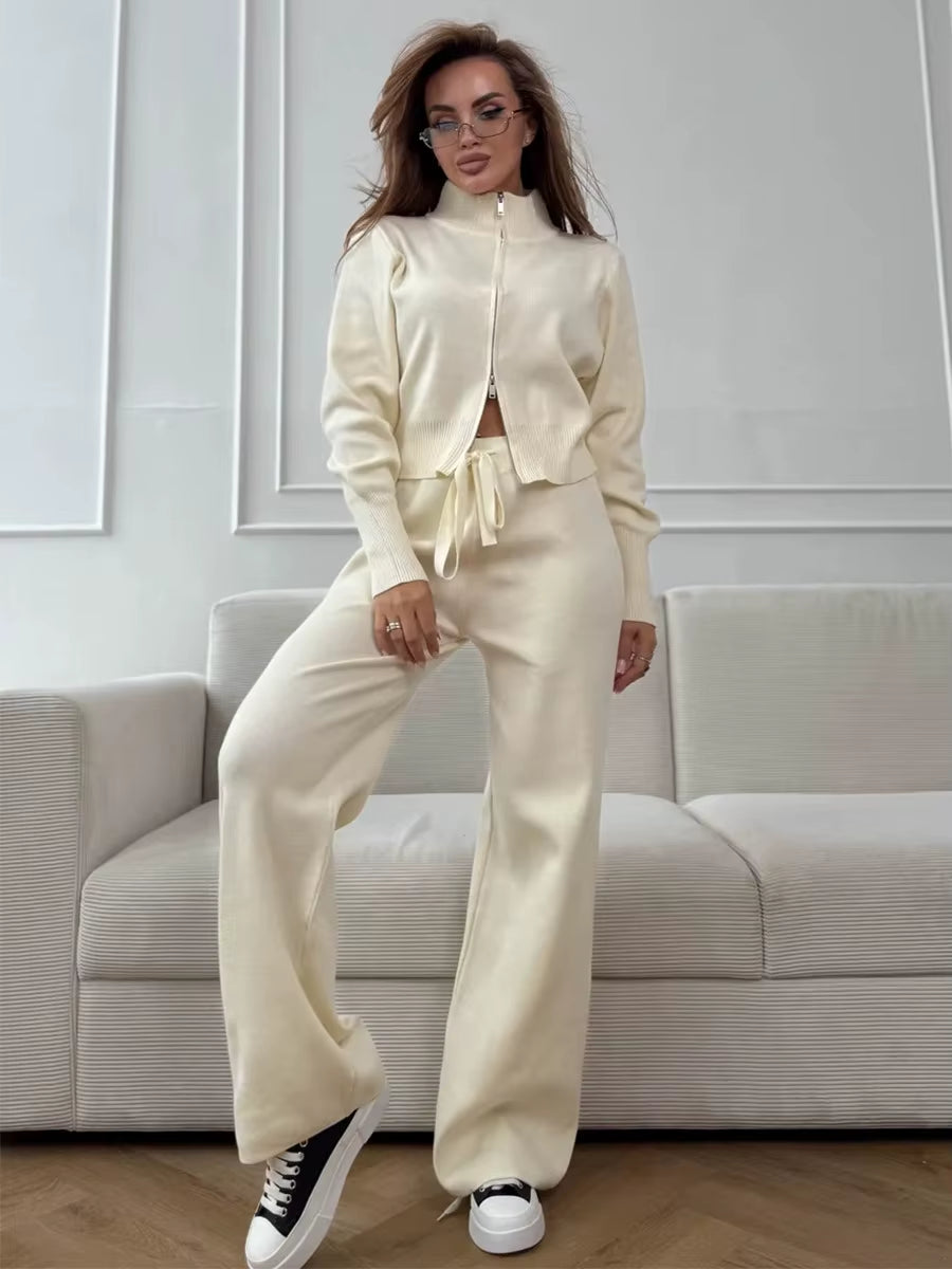 Women'S New Knit Zip up Cardigan Wide Leg Pants Set Soft Fabric Cropped Elastic Waist Autumn Winter Fashion Sweater