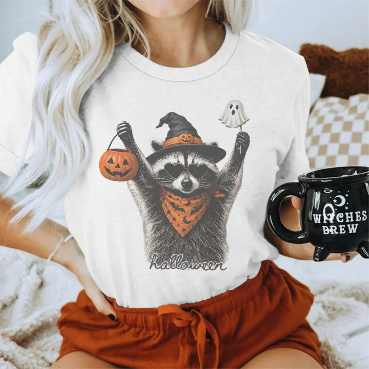 Halloween Shirts for Women Men Vintage Raccoon and Goose T-Shirt Cute Spooky Season Short Sleeve Tee Tops