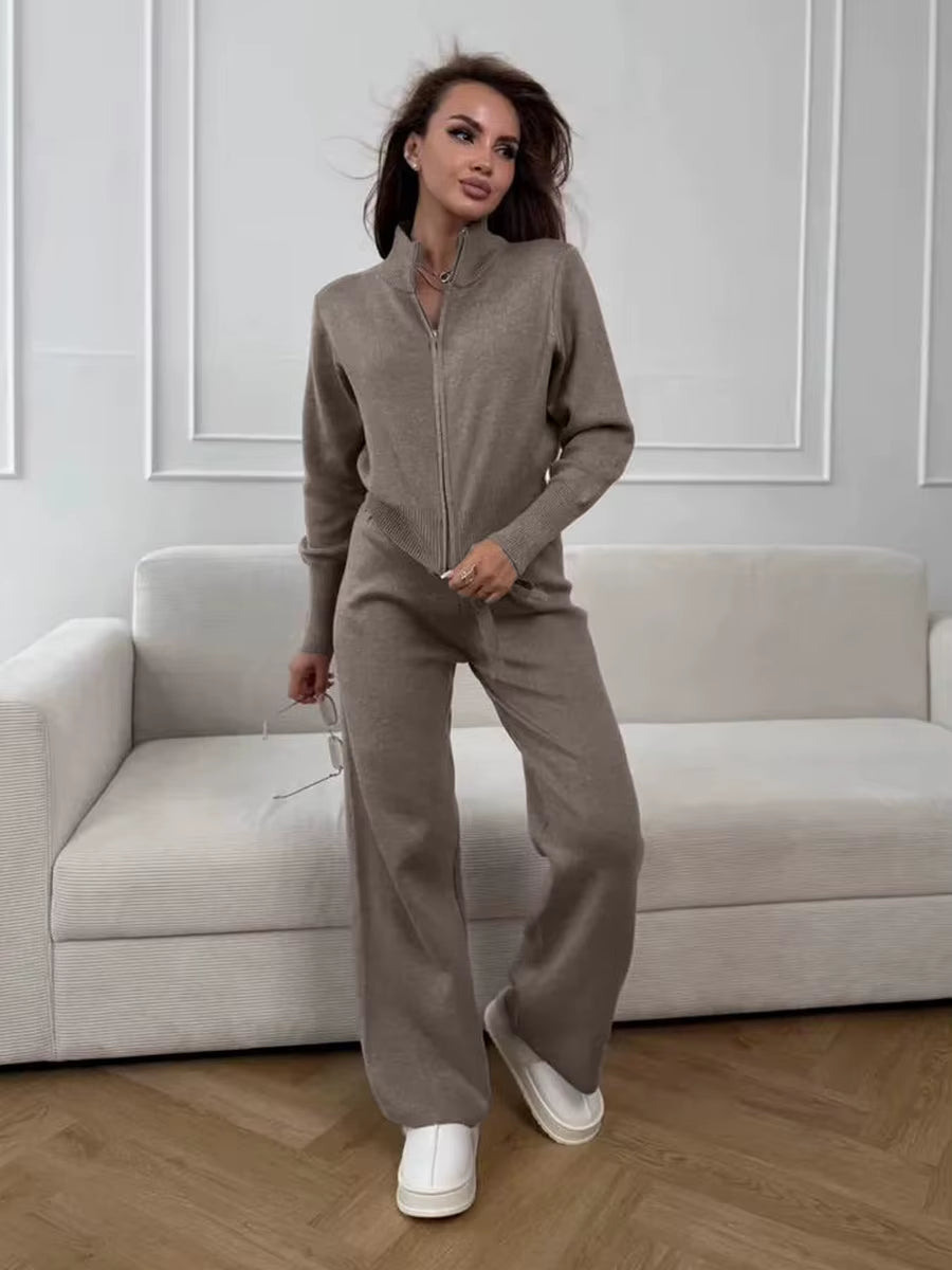 Women'S New Knit Zip up Cardigan Wide Leg Pants Set Soft Fabric Cropped Elastic Waist Autumn Winter Fashion Sweater