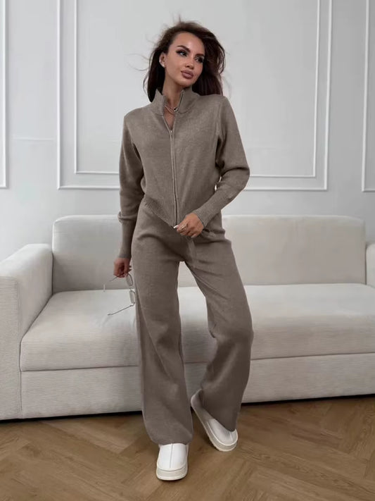 Women'S New Knit Zip up Cardigan Wide Leg Pants Set Soft Fabric Cropped Elastic Waist Autumn Winter Fashion Sweater