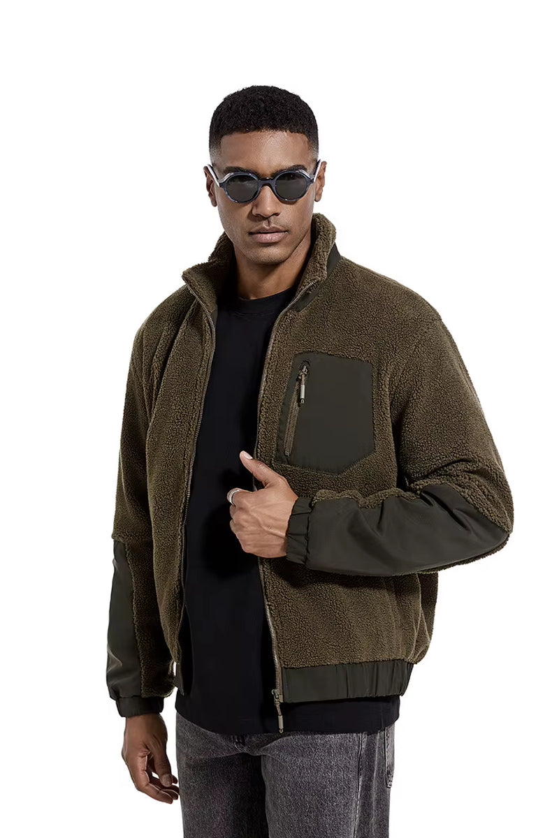 Mens Autumn Winter Stand Collar Sherpa Fleece Jacket Casual Outdoor Cardigan Coat New Export Quality Zipper Jacket Thickened War