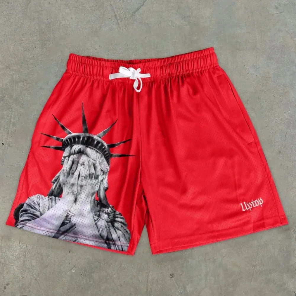 European and American Men'S Summer Statue of Liberty Print Comfortable Breathable Drawstring Shorts Outdoor Casual Pants
