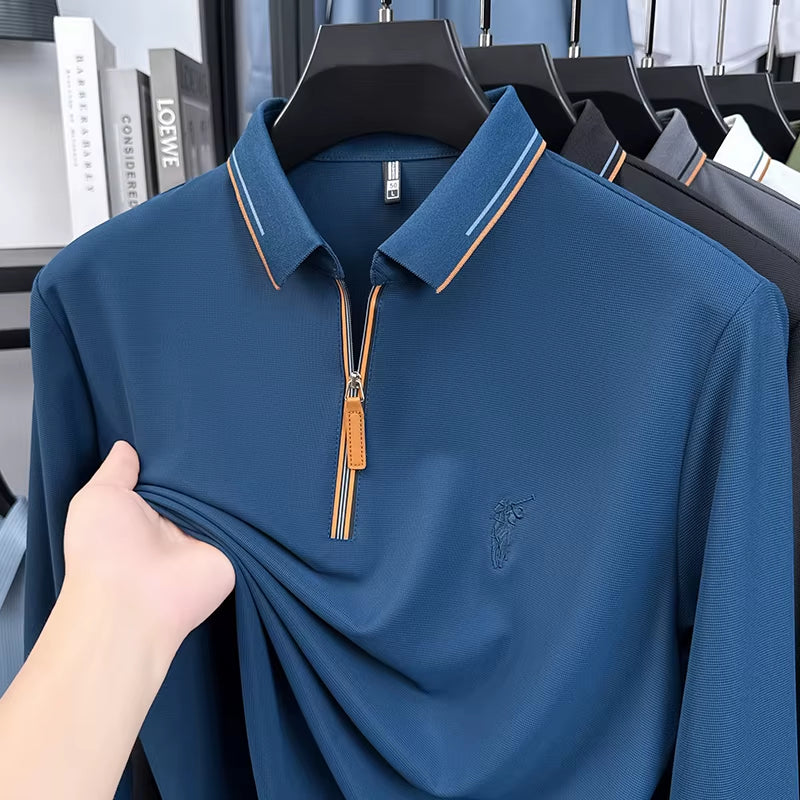 Men'S Cotton Long Sleeved T-Shirt with Collar Polo Shirt High-End Embroidered Top Autumn Loose Base Shirt