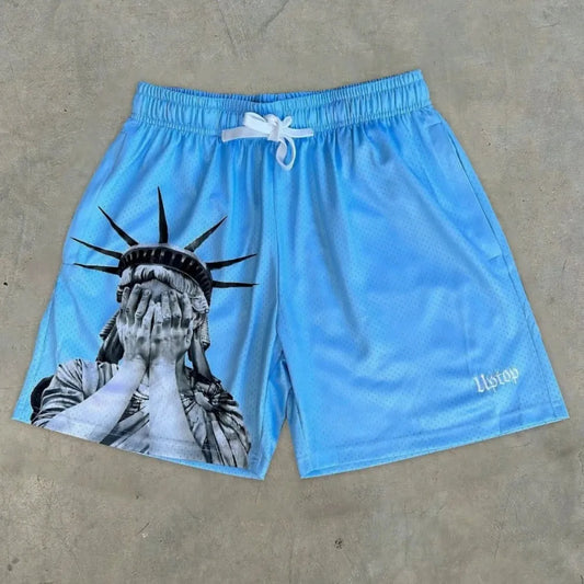 European and American Men'S Summer Statue of Liberty Print Comfortable Breathable Drawstring Shorts Outdoor Casual Pants