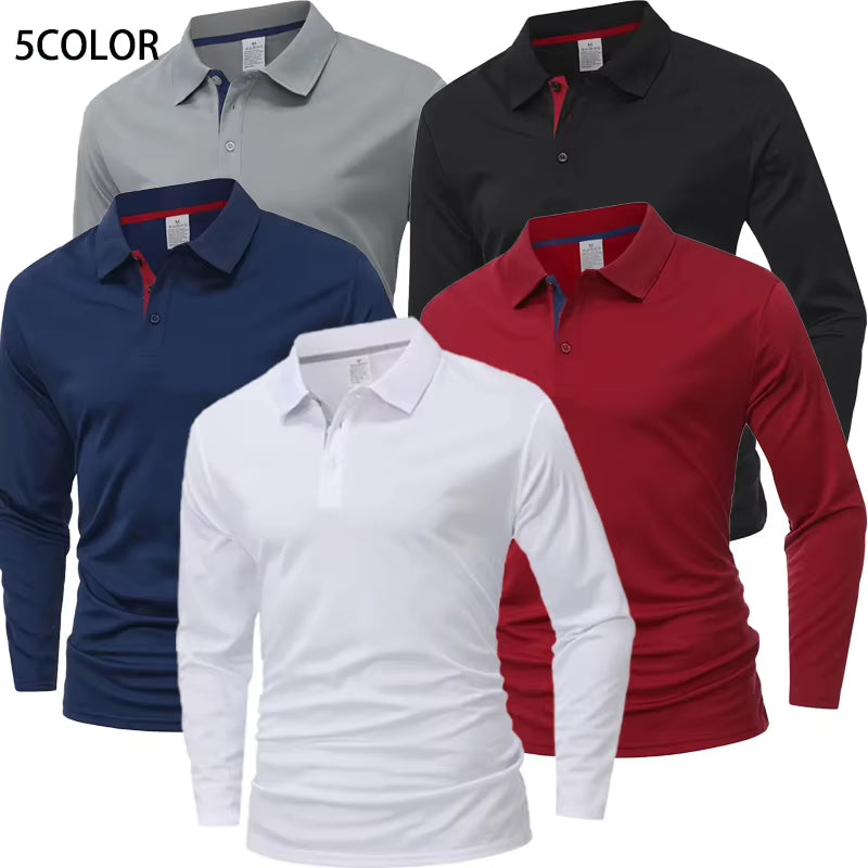 Men'S Long Sleeve Polo Shirt Quick Dry Breathable Sports T‑Shirt Casual Golf Polo Shirts Work Wear Pullover Lapel Tops for Outdo