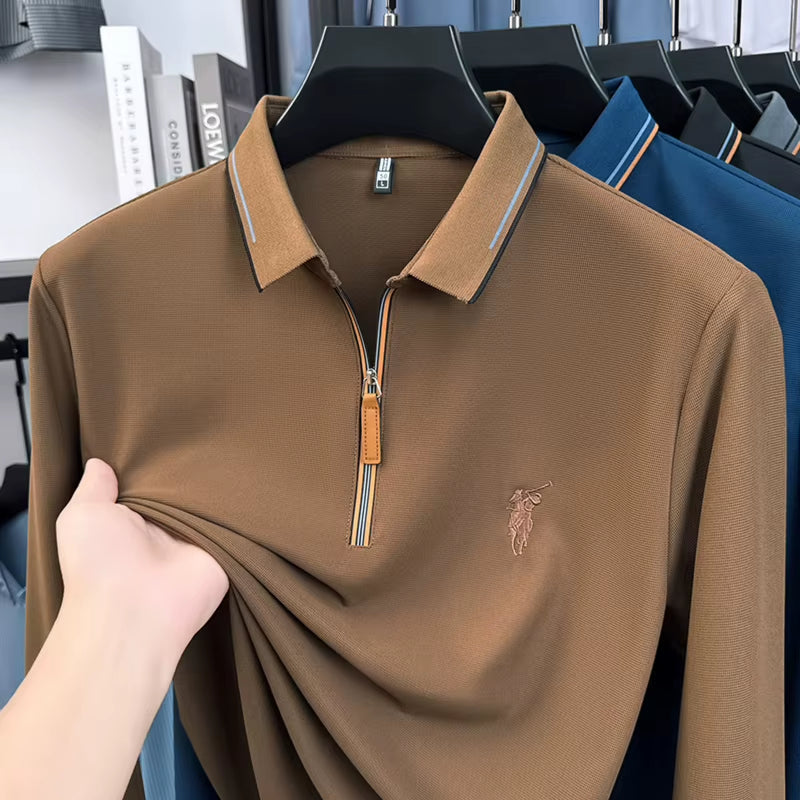 Men'S Cotton Long Sleeved T-Shirt with Collar Polo Shirt High-End Embroidered Top Autumn Loose Base Shirt