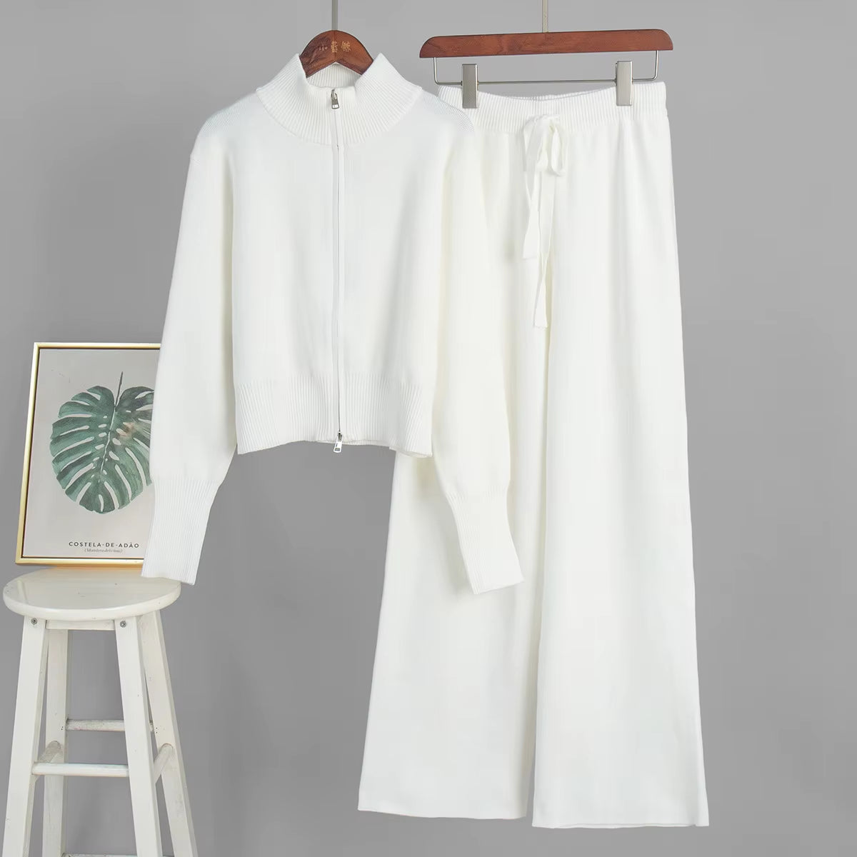 Women'S New Knit Zip up Cardigan Wide Leg Pants Set Soft Fabric Cropped Elastic Waist Autumn Winter Fashion Sweater