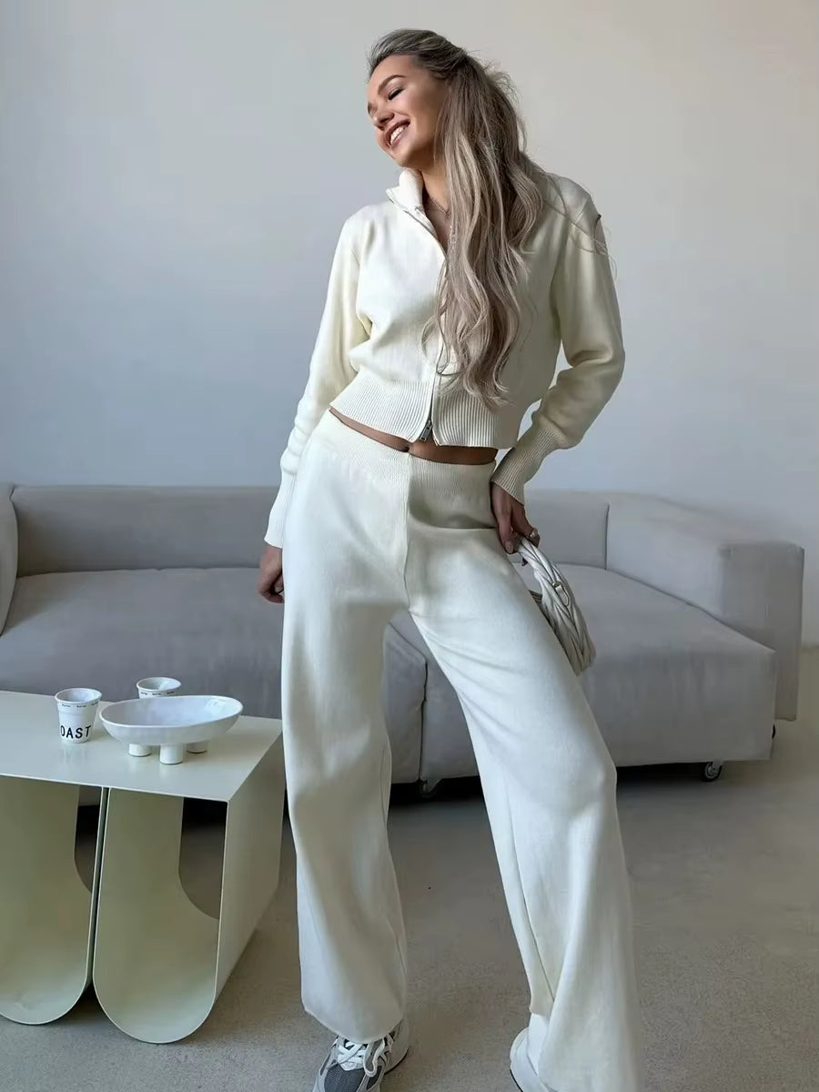 Women'S New Knit Zip up Cardigan Wide Leg Pants Set Soft Fabric Cropped Elastic Waist Autumn Winter Fashion Sweater