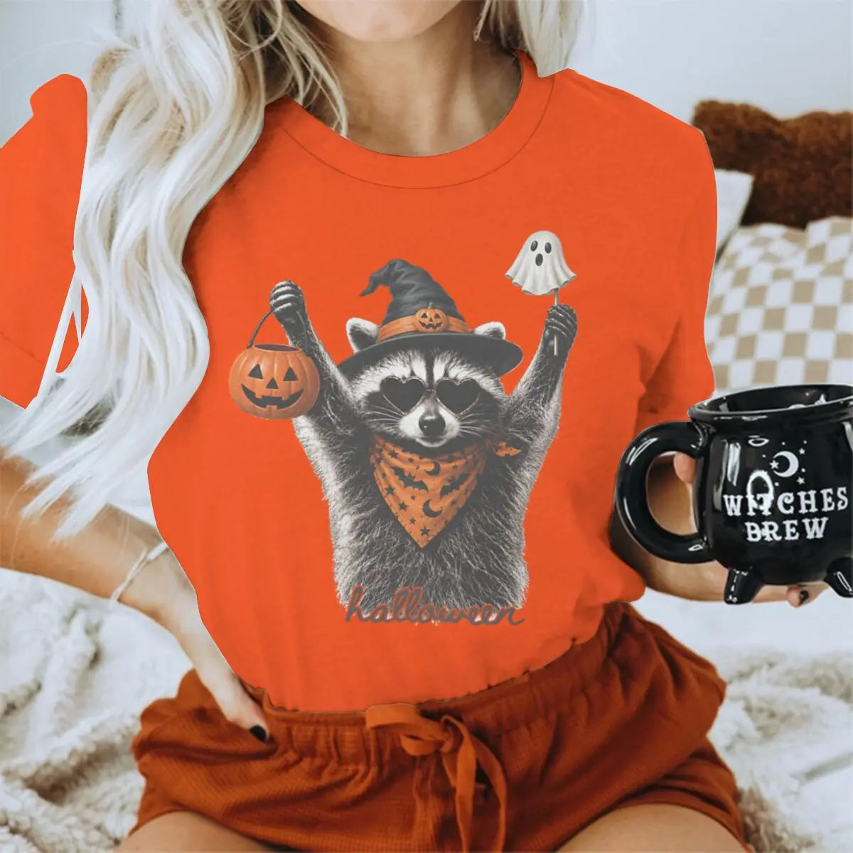 Halloween Shirts for Women Men Vintage Raccoon and Goose T-Shirt Cute Spooky Season Short Sleeve Tee Tops