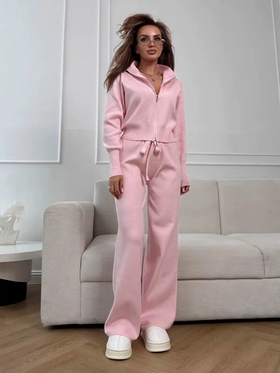 Women'S New Knit Zip up Cardigan Wide Leg Pants Set Soft Fabric Cropped Elastic Waist Autumn Winter Fashion Sweater