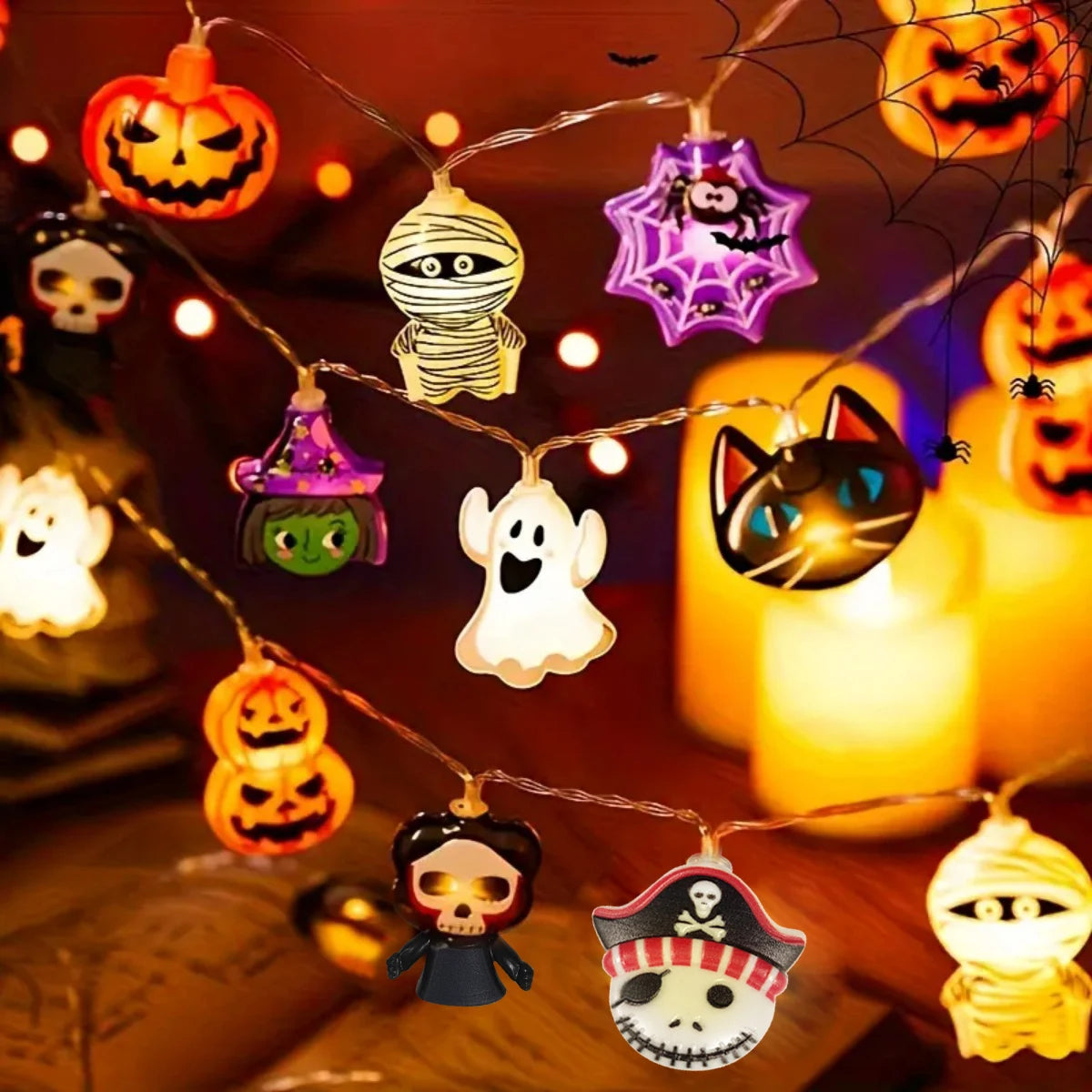 Spooky Halloween LED String Lights Battery Operated Ghost Pumpkin Skeleton Pirate Shape Indoor Party Home Decor Lamp