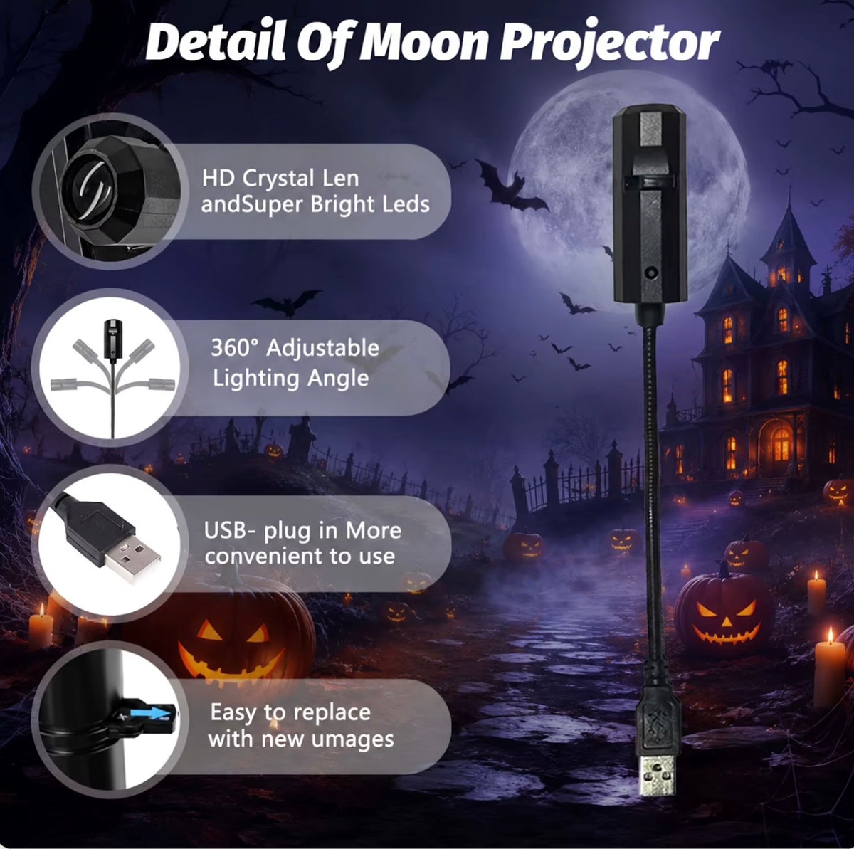 Halloween USB LED Projection Lamp,3/6Pcs Patterns Light Ghost,Bat,Spider,Skeleton,Halloween Atmosphere Light Festive Decoration