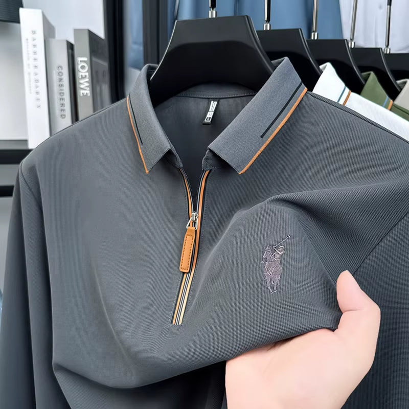 Men'S Cotton Long Sleeved T-Shirt with Collar Polo Shirt High-End Embroidered Top Autumn Loose Base Shirt