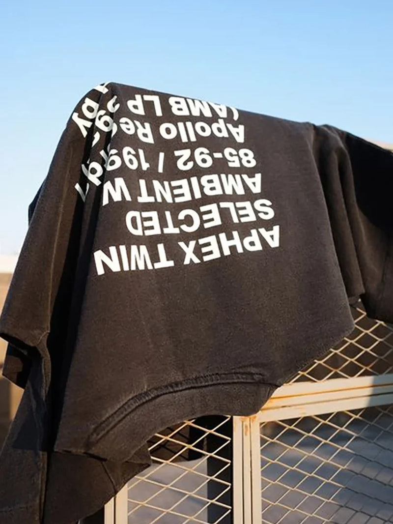 Men T-Shirt Aphex Twin Washed Black Print Cotton Graphic Oversized Korean Fashion Short Sleeve Tops Tees Y2K Streetwear Clothing