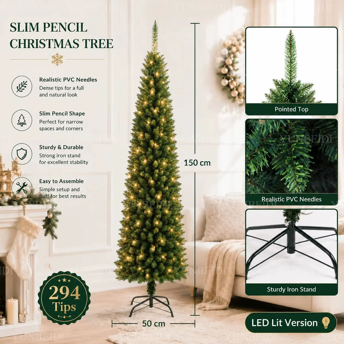 Pencil Artificial Christmas Tree PVC Material Encryption Christmas Tree 120CM to 210CM Family Christmas Party Arrange Decoration