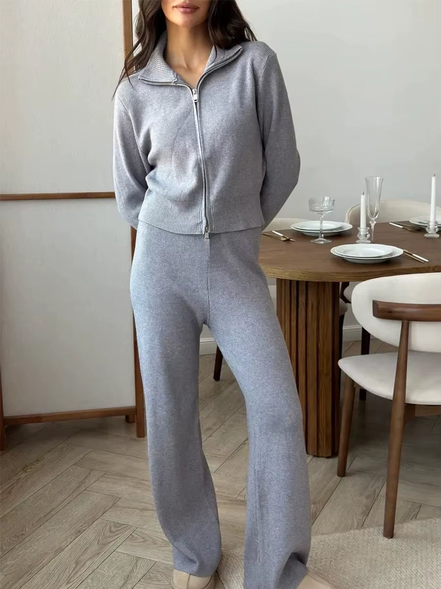 Women'S New Knit Zip up Cardigan Wide Leg Pants Set Soft Fabric Cropped Elastic Waist Autumn Winter Fashion Sweater