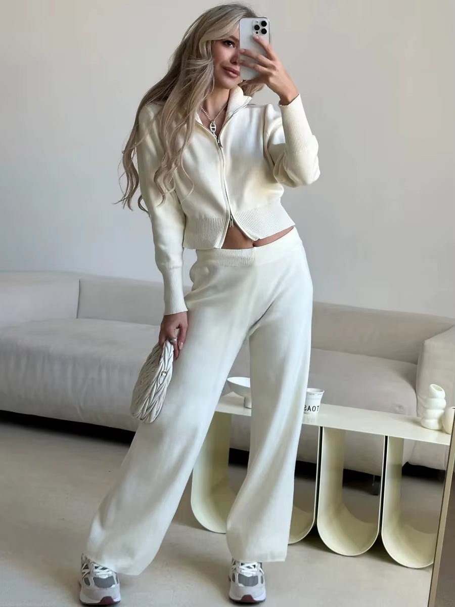 Women'S New Knit Zip up Cardigan Wide Leg Pants Set Soft Fabric Cropped Elastic Waist Autumn Winter Fashion Sweater