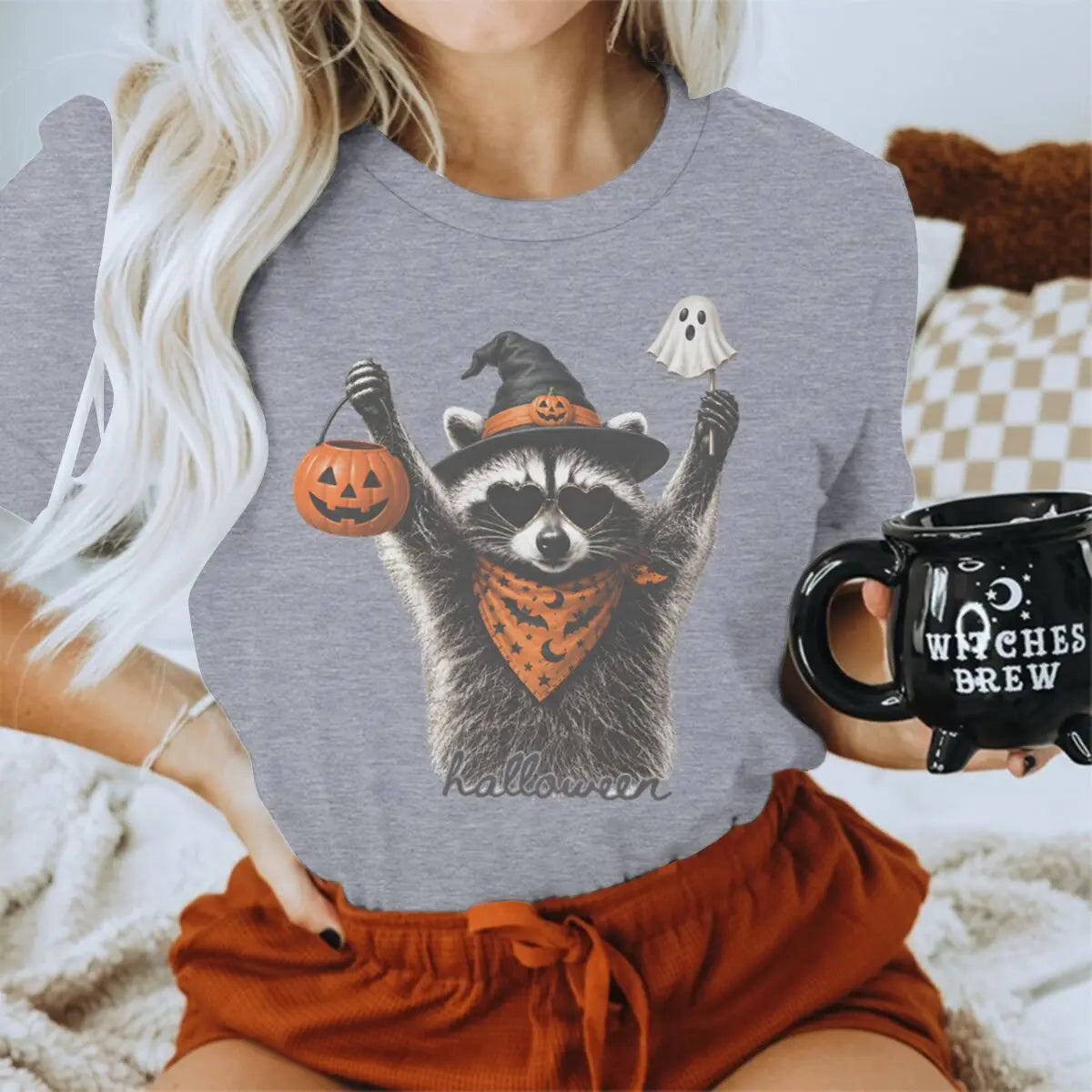 Halloween Shirts for Women Men Vintage Raccoon and Goose T-Shirt Cute Spooky Season Short Sleeve Tee Tops