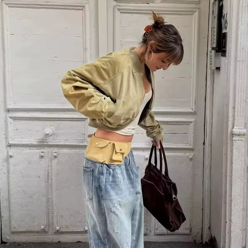 Varsity Bomber Jackets for Women Zipper Cropped Jacket Woman Outerwears Casual Womens Coats Long Sleeve Women'S Jackets