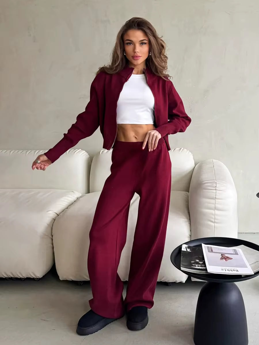 Women'S New Knit Zip up Cardigan Wide Leg Pants Set Soft Fabric Cropped Elastic Waist Autumn Winter Fashion Sweater