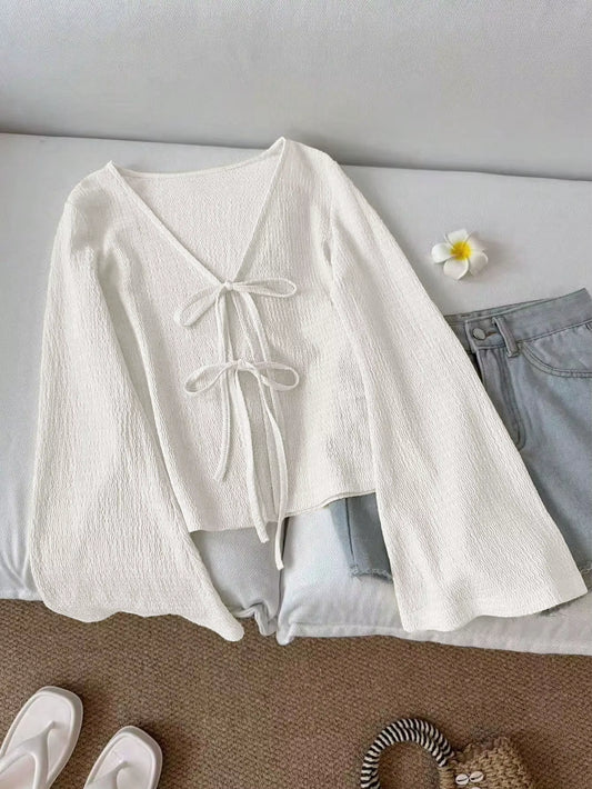 Women'S Casual Solid Color Tie Front Semi-Fitted Flare Sleeve Blouse V-Neck Knit Textured Fabrics Cottagecore Top Spring/Fall