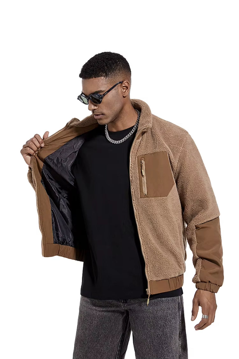 Mens Autumn Winter Stand Collar Sherpa Fleece Jacket Casual Outdoor Cardigan Coat New Export Quality Zipper Jacket Thickened War