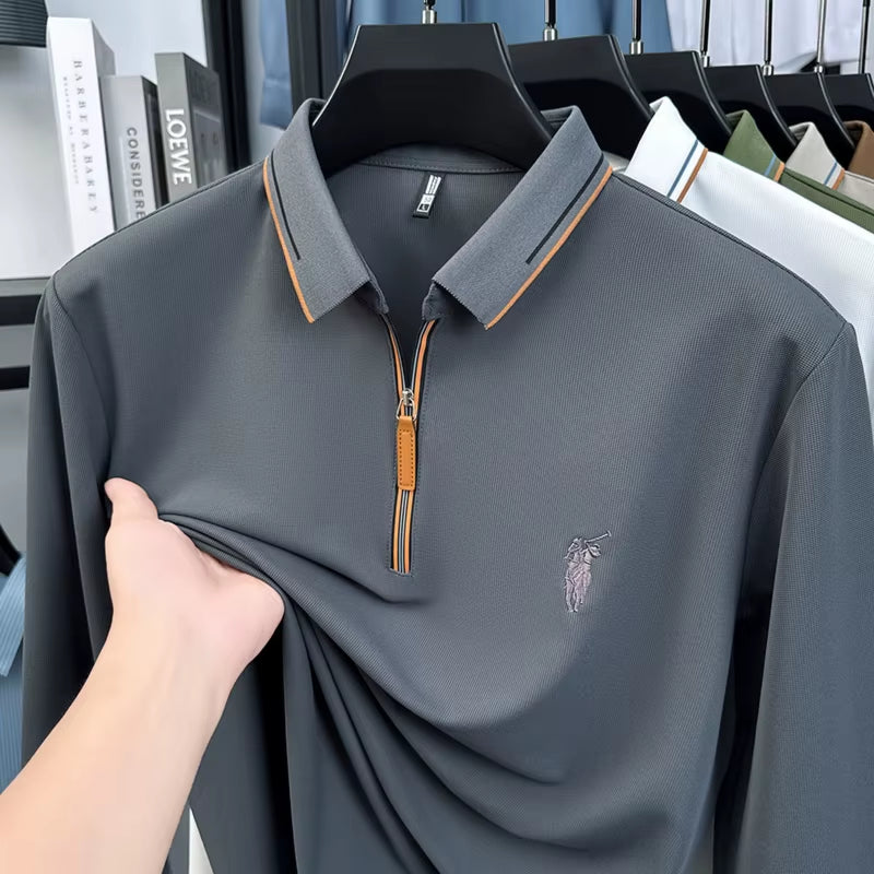 Men'S Cotton Long Sleeved T-Shirt with Collar Polo Shirt High-End Embroidered Top Autumn Loose Base Shirt