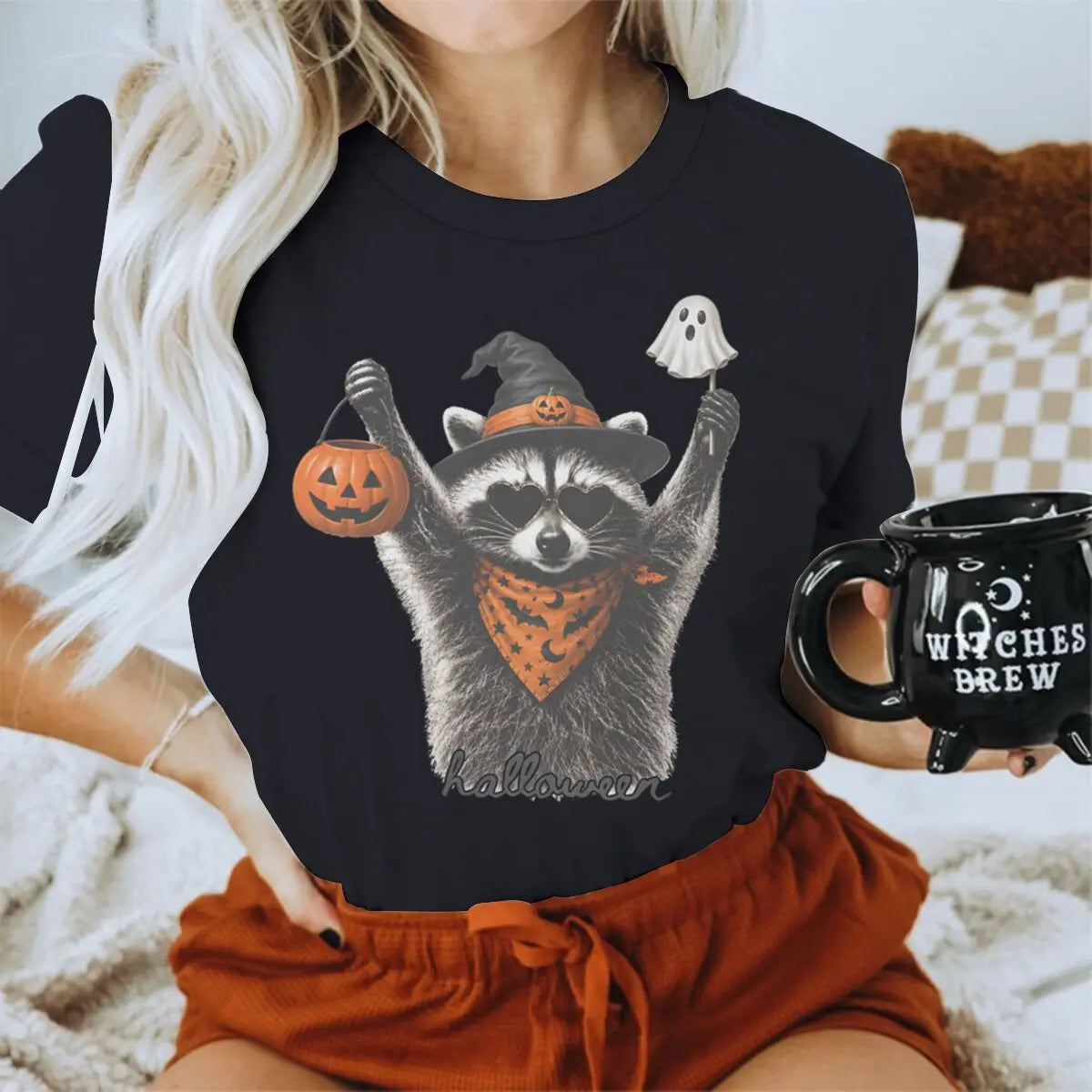Halloween Shirts for Women Men Vintage Raccoon and Goose T-Shirt Cute Spooky Season Short Sleeve Tee Tops