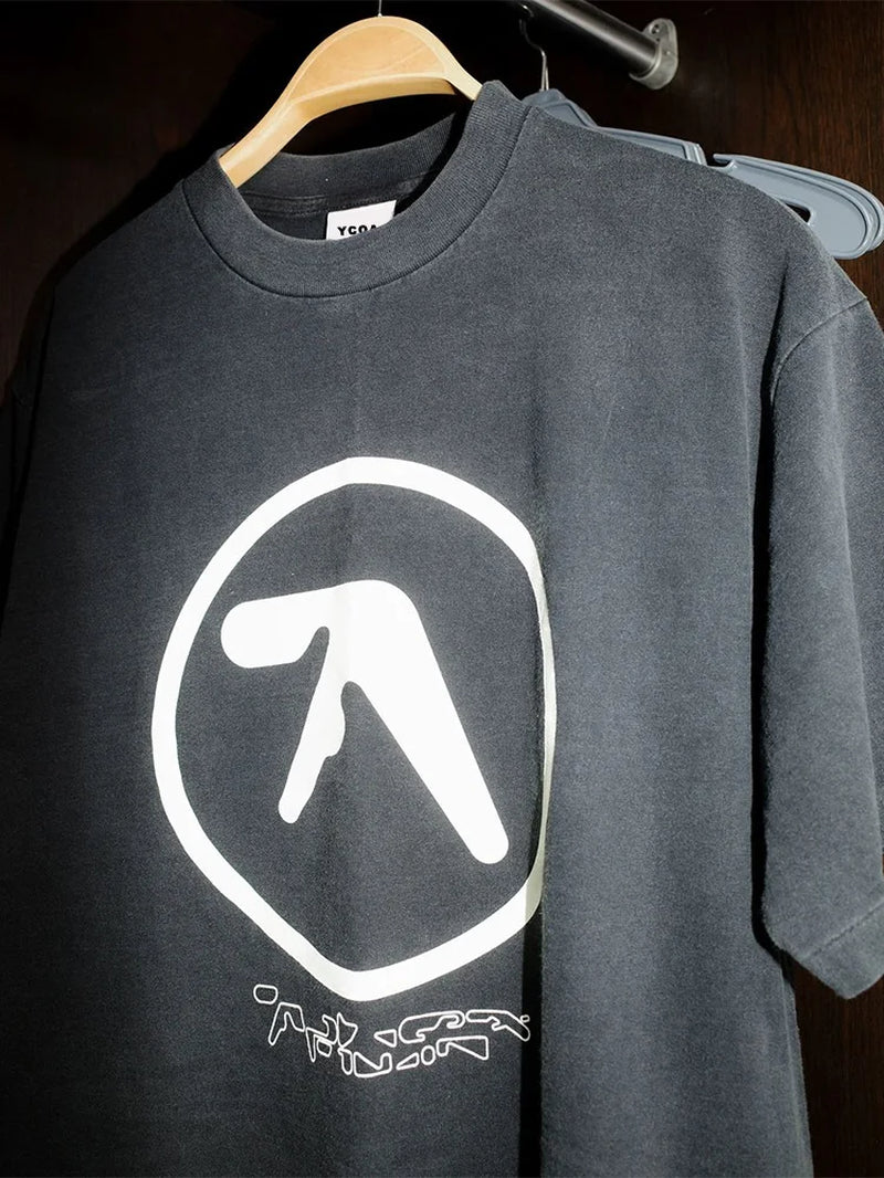 Men T-Shirt Aphex Twin Washed Black Print Cotton Graphic Oversized Korean Fashion Short Sleeve Tops Tees Y2K Streetwear Clothing