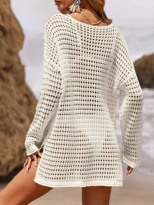 Women'S Loose Fit Open Knit Beach Cover up off Shoulder Long Sleeve Crochet Dress for Summer Pool Casual Wear