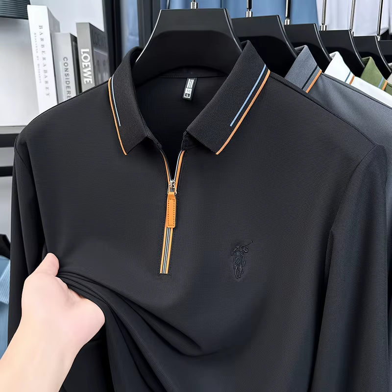 Men'S Cotton Long Sleeved T-Shirt with Collar Polo Shirt High-End Embroidered Top Autumn Loose Base Shirt