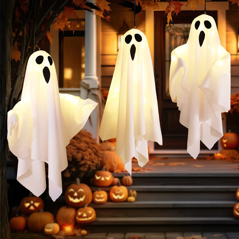 Halloween Glowing White Ghost LED Hanging Ghosts Horror Props with Fairy Light Indoor Outdoor Haunted House Halloween Decoration